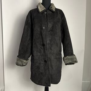 Y2K Faux Shearling Charcoal Longline Coat Imitation Shearing Lined Size Medium